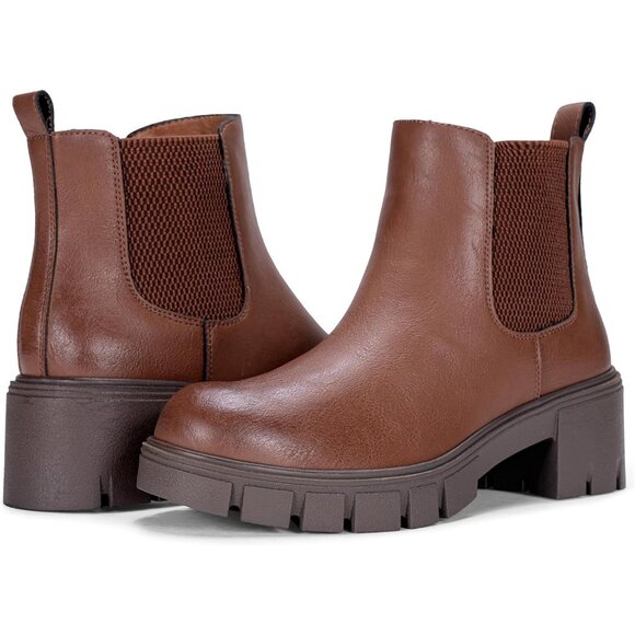 Vepose Women's Mocha Faux Chelsea Leather Lug Sole Elastic Slip on Ankle Booties - Picture 9 of 9